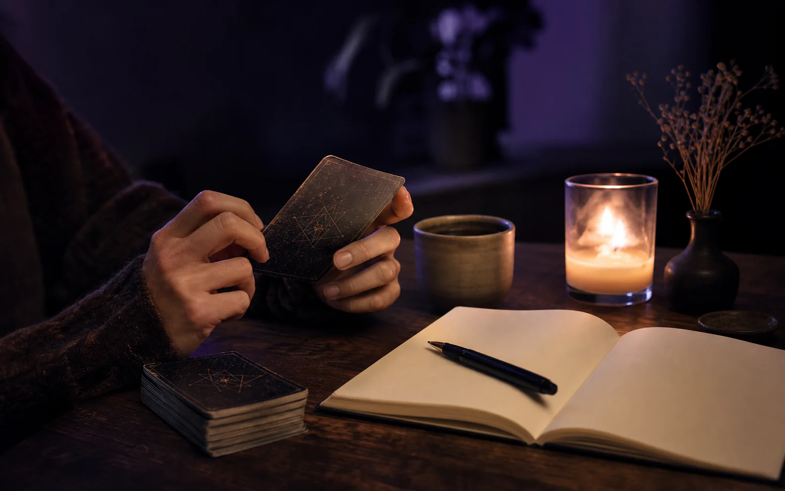 Händer vid ett tarotkort, en anteckningsbok och ett tänt ljus